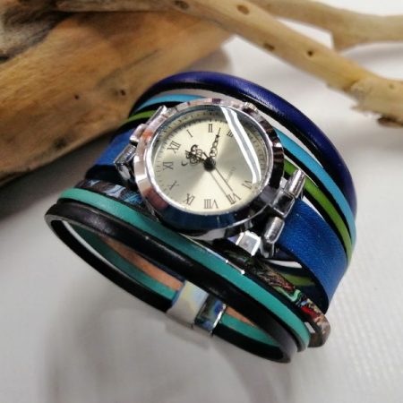 montre bijoux bleu, multicolore, multi rang, cuir